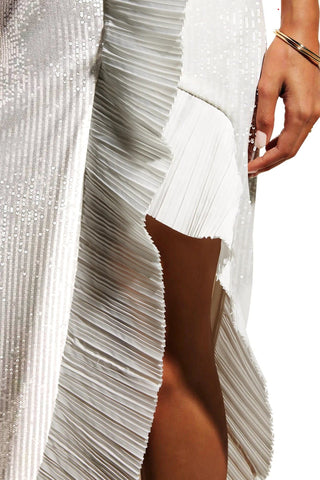 The Mercer Sequin | White Pleated Ruffle Gown