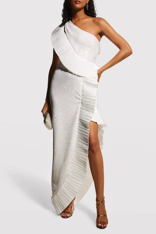 The Mercer Sequin | White Pleated Ruffle Gown